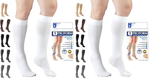 Image of Truform 20-30 mmHg Compression Stockings for Men and Women, Knee High Length, Closed Toe, White, Large (Pack of 2)