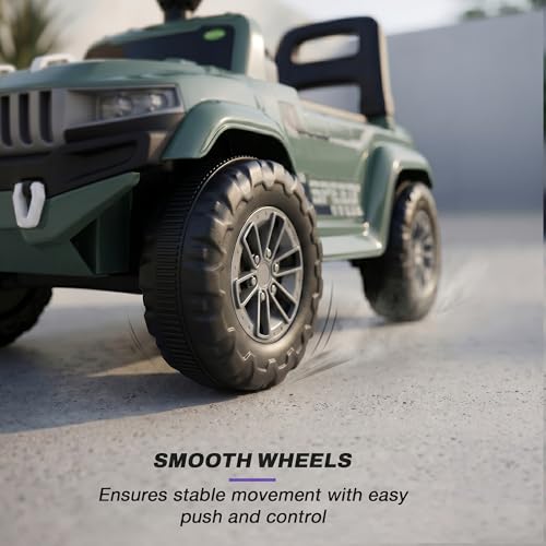 Image of Baybee Speedy Baby Ride on Car for Kids | Portable Kids Car with LED Lights, Music & Storage Basket | Push Toy Cars with High Backrest | Toddler Rideons Jeep for 1 to 3 Years Boys Girls (Dark Green)