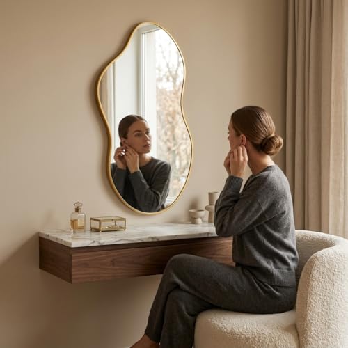 Image of Irregular Wall Mirror 20x36 Inch Wall Mirrors Decor Gold Asymmetrical | Modern Abstract Mirror for Bathroom Bedroom Living Room Entryway Hallway