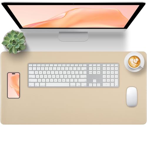 Almohadilla de escritorio de cuero mate para escritorio, alfombrilla antideslizante grande para teclado y mouse, impermeable, protector de escritorio de computadora, color beige para mujer, 35.4 x 17