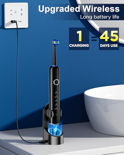 Image of Rotating Electric Toothbrush for Adults, 8 Brush Heads (2 Types) & Travel Case, 5 Cleaning Modes Rechargeable Power Toothbrush with 2-Minute Smart Timer, Black