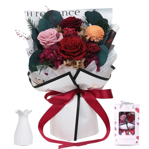Vaanshie Ramo de flores preservadas de alta calidad, ideal para regalar el día de la madre (rojo nuevo)
