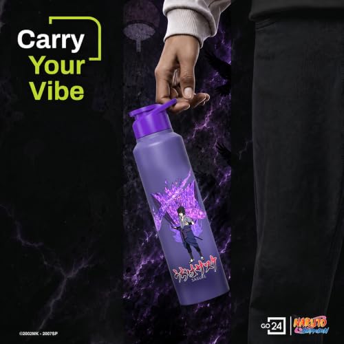 Image of Water Bottle 950ml Stainless Steel Sports /Fridge Bottle with Sipper Cap | 1-Year Warranty | Single Wall| For Home, Office, Gym, Travelling | Lightweight | Naruto Ninja | Purple-Sasuke