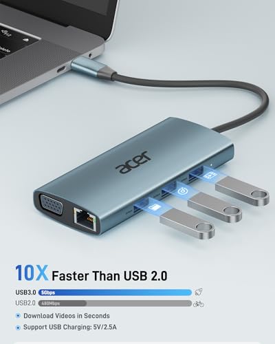 Image of Acer USB C Hub with 4k HDMI, 9-in-1 USB C to Ethernet Adapter, 5Gbps USBA 3.0 Docking Station, VGA Splitter, SD Card Reader, PD 100W Charging for MacBook, Acer, Laptops, Surface and More