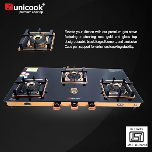 Image of Unicook Coral Cuba Auto Ignition 3 Burner Gas Stove | ISI Certified Cooktop | Glass Gas Stove | LPG Compatible | Forged Brass Burner | 2 Years Manufacturer Warranty