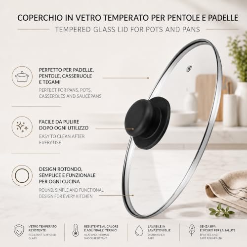Miniatura 3 de Ipea Tapa Para Sartén O Cacerola De Vidrio Templado 16 18 20 22 24 26 28 30 Cm Transparente Redonda Universal Con Pomillo Para Sartenes Y Ollas De Cocina Apta Para Lavavajillas