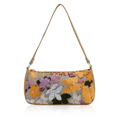 Floral Sequin Shoulder Bag for Women Beaded Vintage Small Clutch Purse Casual Wedding Party Underarm Handbag
