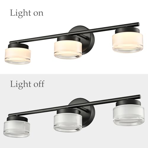 Image of Modern Black 3-Light LED Vanity Light with Acrylic Shade | 3000K Warm White Vanity Lights, Wall Sconces for Bathroom Bedroom Kitchen Living Room