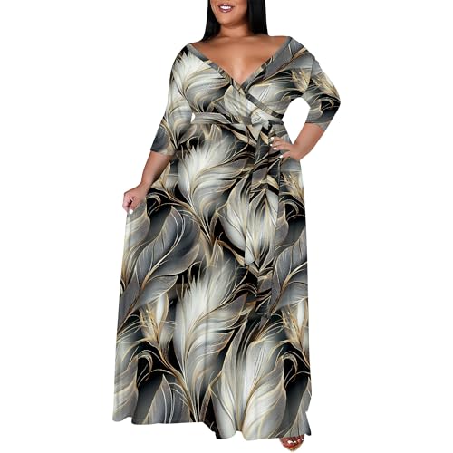 Image of SUZONANA Women's Plus Size Maxi Dresses Casual Loose Short Sleeve Long Maxi Dress with Belt Wedding