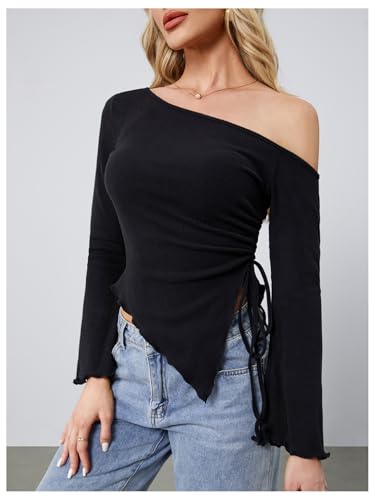 Milumia Women's Ribbed Knit One Off The Shoulder Asymmetrical Long Bell Sleeve Tops Y2K Going Out Tee Shirt Tops3