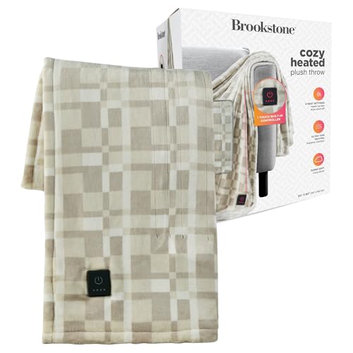 Brookstone Heated Throw Blanket - Heat Blankets Electric - Faux Fur Heated Throw Blanket- 4 Heat Settings 4-Hour Auto Shut Off 100% Polyester 50x60 - Chic Plaid