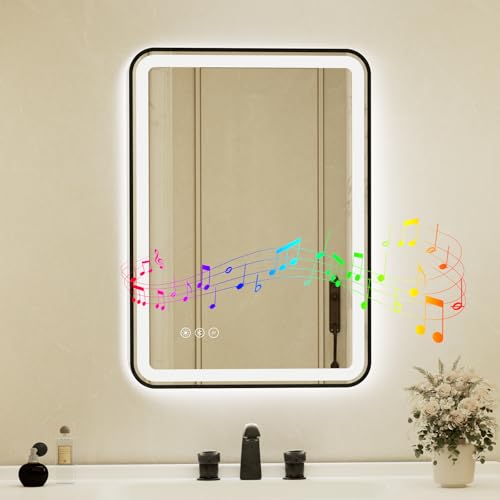 20x28 Inch Black Framed LED Bathroom Mirror with Lights, Built-in