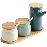 OnePine Juego de 3 Azucarero de cerámica y Aceitera de Cerámica, 300ml contenedores para Especias, 500ml Botella dispensadora de Aceite de Oliva, hogar y la Cocina