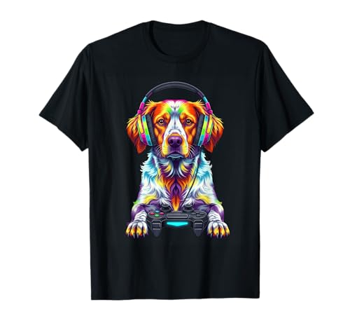 Colorful Brittany Spaniel Video Game Gamer Dog Zoo Design T-Shirt