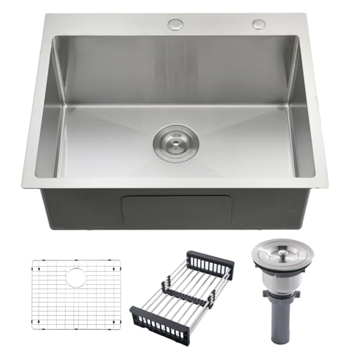 WMXQX 25x22 Drop In Kitchen Sink 25 Inch Drop In Utility Sink Top Mount Outdoor Sink 18 Gauge Stainless Steel Brushed Nickel Single Bowl Kitchen Sinks with Drain