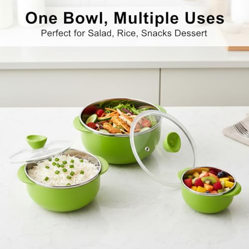 Image of Premium Stainless Steel Bowl Set of 3 | Microwave Safe Bowls with Lids | Mixing & Serving Bowls for Kitchen | Multi-Purpose Serving Bowls for Salad, Rice, Desert, Bowl Set (Green)