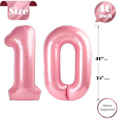 Image of Pearlescent Pink Number 10 Balloons 40 inch, 10 Number Balloons, 10th Birthday Decorations 10 Year Old Pastel Pink Party Supplies