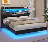 ADORNEVE Queen Floating Bed Frame with Storage Headboard and LED Lights, Queen Size Visual Floating LED Bed Frame with Charing Station, Leather Upholstered Platform Bed, Noise-Free, PU Black