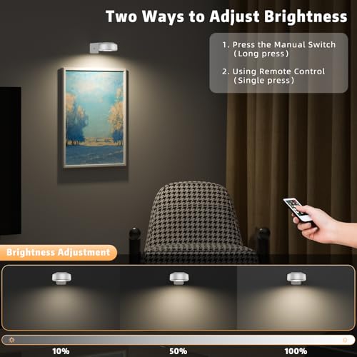 Image of Picture Lights with Remote, Wireless Rechargeable Battery Operated Wall Light 3 Pcs Dimmable and Timer Metal Art Light for Paintings,Display, Wall, Artwork, Gallery (White)