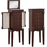 BOUQUETYZ Standing Jewelry Armoire Cabinet Storage Chest with 5 Drawers, Top Divided Jewelry Organizer with Makeup Mirror, 2 Side Doors, 10 Necklace Hooks – Wooden Jewelry Armoire for Women (Walnut)