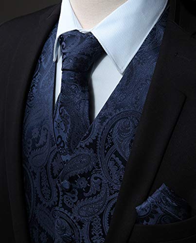 Enlision Men's Suit Vest Tie Set Navy Blue Paisley Floral Jacquard Waistcoat And Necktie Handkerchief Retro Formal Vest For Wedding Prom Or Tuxedo #TOP1