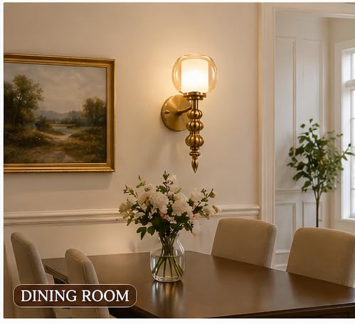 Image of Modern Brass Wall Light with Golden and White Double Glass Shade, Golden Finish, Vintage Wall Sconce Ideal for Bedroom, Living Room, Hallway, Home Decor with Tri-Colour Bulb