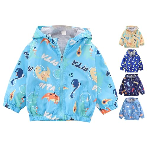 Kids Boys Girls Dinosaur Windproof Raincoat Jacket Fall Winter Outdoor Hooded Lightweight Zip Warm Casual School