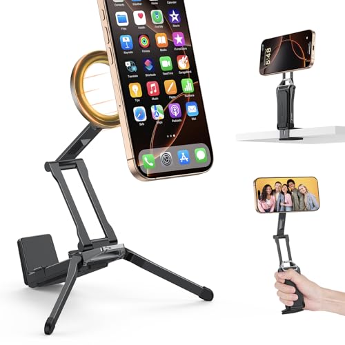 OMOTON Aluminium Magnetisches Handy Stativ, 360° Drehbar Selfie Stick Stativ für MagSafe, 4in1 Verstellbare Faltbar Handyhalterung für iPhone 17/16/15/14 Pro Max Air, für Fitnessstudio, Video, Vlog