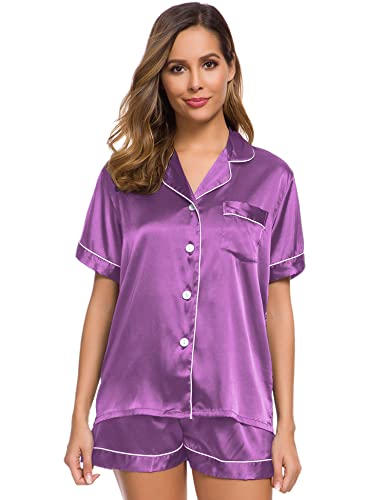 Image of SWOMOG Pajamas Set Short Sleeve Sleepwear Womens Button Down Nightwear Soft Pj Lounge