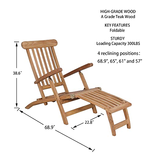 Otsun Foldable Lounge Chairs For Outside, Weather-Proof Patio Chairs With Adjustable Backrest & Footrest, No Assembly Teak Chaise Lounge, Solid Grade-A Teakwood Steamer Deck Chair #TOP1