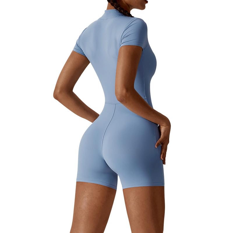 Litthing Femme Combinaison Courte de Sport, Sexy Tirette Moulante Vetement Bodysuit Manches Courtes Body Yoga Élastique Skinny Une Pièce Tenue d'entraînement Bodycon
