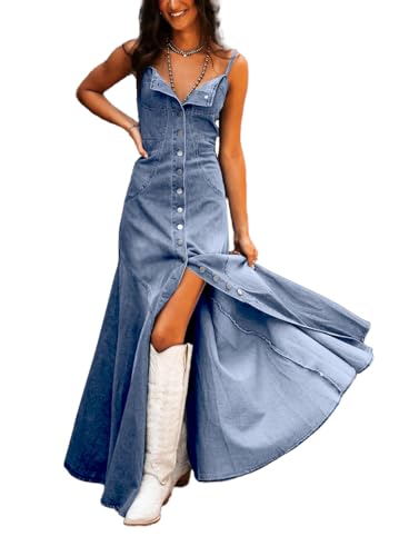 chouyatou Women's Spaghetti Strap Smocked Back Denim Dress Button Down A-Line Swing Flowy Maxi Jean Dress2