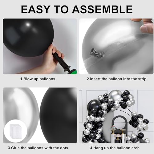 Image of Black and Silver Balloons Arch Garland Kit, 134pcs Metallic Chrome Silver and Black Balloons with Different Size for Birthday, Graduation, Baby Shower, Disco New Years Party Party Decoration