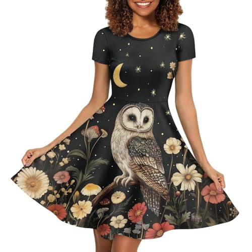 POLERO Owl Floral Womens Summer Dresses Vintage Short Sleeve Midi Sundress Fit and Flare Swing Skate