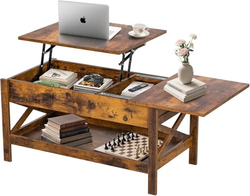 Vendricasa Mesa Elevable Salon,Mesa de Centro con Placa Elevable, Mesa Baja Salon de 39 Pulgadas con Compartimento Oculto, Mesa de Salón Tipo Push-Pull para Salón y Oficina (Marro)