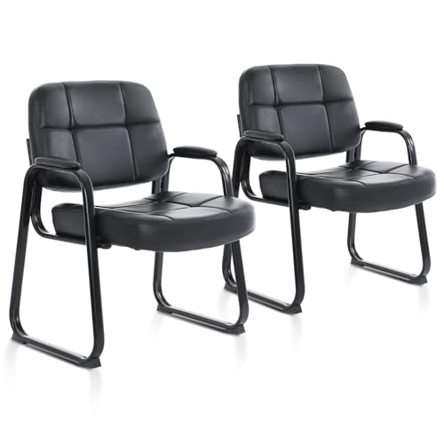 Image of CLATINA Big & Tall Waiting Room Guest Chair with Bonded Leather Padded Arm Rest and Sled Base for Office Reception Lobby and Conference Desk, Black(2 Pack)