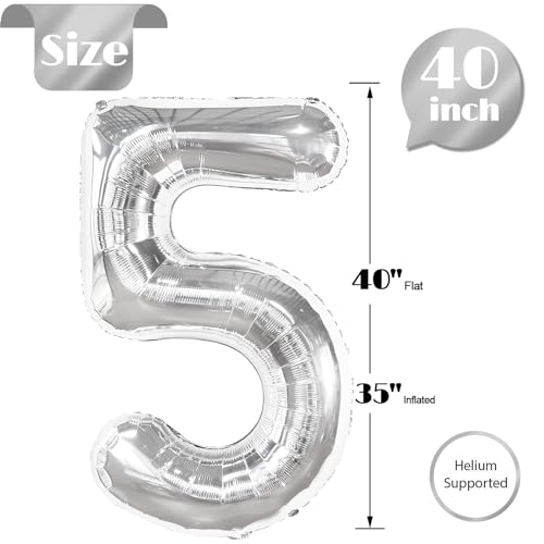 Image of Silver 5 Balloon, Number Balloons 40 Inch, 5th Birthday Balloon Decorations, Silver Party Supplies, 5 Number Balloons, Number 5 Balloon
