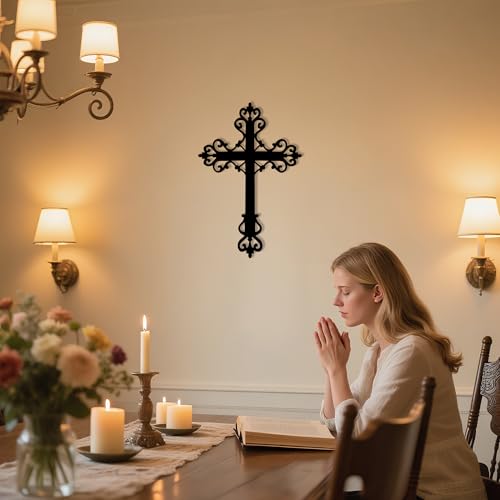 Freton Metal Cross Wall Art, Christian Wall Decor, Spiritual Pray Decoration, Large Metal Cross for Home, Church, Bedroom, Kitchen, Patio, Outside, Christian Gifts (Black, 18.5x12.0 inch)