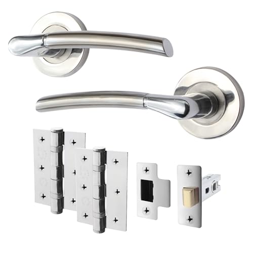 EAI Internal Door Handle Latch Set Duo Finish | 1 Pair Satin Nickel and Polished Chrome Lever on Rose Round | Latch (64mm), Hinges (76mm)