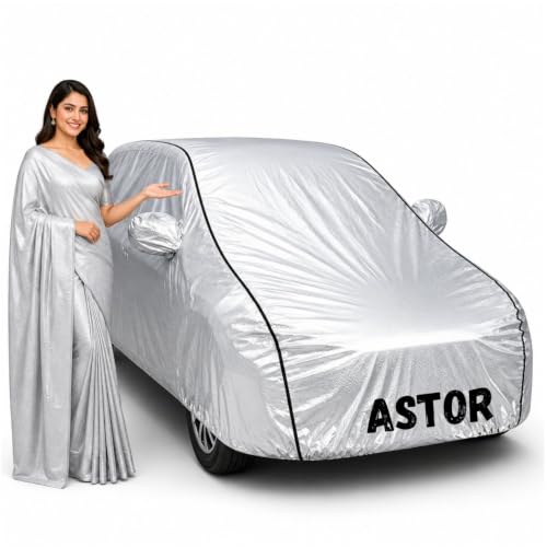 Image of Waterproof Car Body Cover for Astor All Weather Protection Comes with Inner Cotton Lining & Triple Stitched with Mirror & Antenna Pocket Belt & Elastic Fit Metallic Silver with Black Piping1