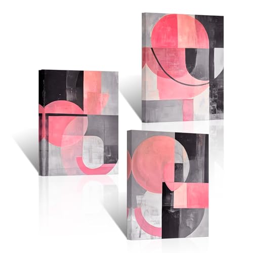 Canvbay Pink Grey Geometric Circle Canvas Wall Art Abstrac Geometry Pictures Prints for Living Room Bedroom Bathroom Decoration Framed 12x16inchx3pcs