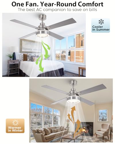 Image of 52 Inch Ceiling Fans with Lights and Remote, Modern Ceiling Fans Nickel, 3CCT Dimmable, Timer, Reversible Motor, Indoor & Outdoor Silver Ceiling Fan for Bedroom Living Room Patio - Upgraded