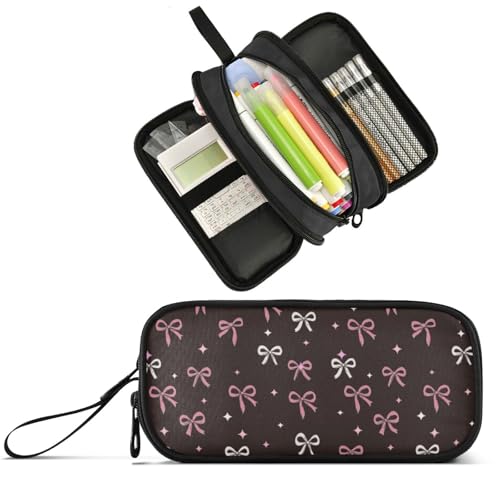 Image of Wfrish Big Capacity Pencil Case for Girl Boy Pink Bows Stars Black Student Pencil bag Pen Pouch Large Stationery 3 Compartments Zippers Organizer School College Office Teens Adults