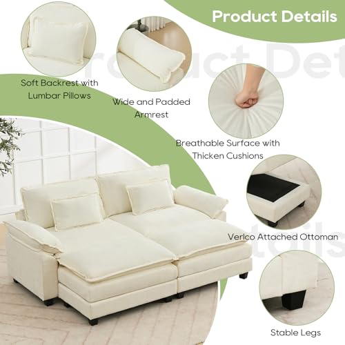 Image of Oprisen 86 inch Modular Sectional Sofa, Comfy Cloud Couch Sectional Sofa with Ottoman, Chenille Sofa Sleeper Deep Seat Sofa with Throw Pillows for Living Room (Beige White)