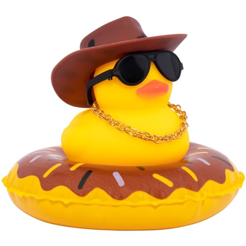 Image of wonuu Car Rubber Duck, Yellow Duck Decoration Dashboard with Sun Hat Swim Ring Necklace Sunglasses for Car Dashboard Decorations, Black Spots Brown Cowboy Hat-Brown Donut