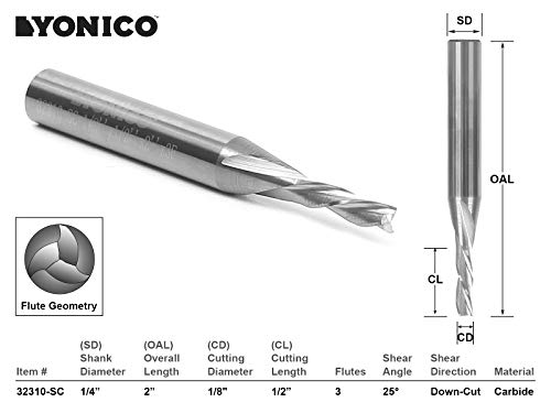 Image of YONICO Downcut Router Bits Spiral 3 Flute Solid Carbide CNC End Mill 1 /8-Inch Dia. 1 /4-Inch Shank 32310-SC