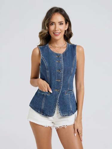 Denim Vest Top for Women Sleeveless Blazer Jean Vest Button Down Crewneck Waistcoat Tank Top2