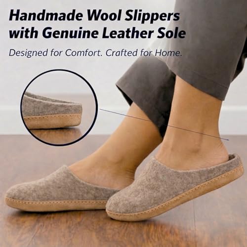Image of Wool Felt Mule Slippers for Women & Men, Handmade 100% Natural Wool Backless House Shoes with Premium Suede Sole, Warm Breathable Indoor Slip-On