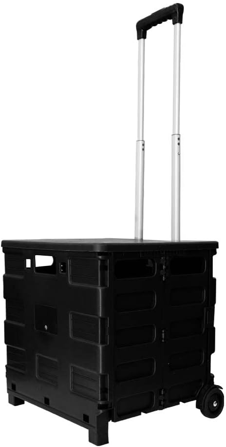 25kg Folding Shopping Trolley Storage Boot Cart Box | Collapsible Trolley with Lid | Portable Cart with Telescopic Handle | Multipurpose Utility Cart for Laundry, Sports, Crafts (Black)