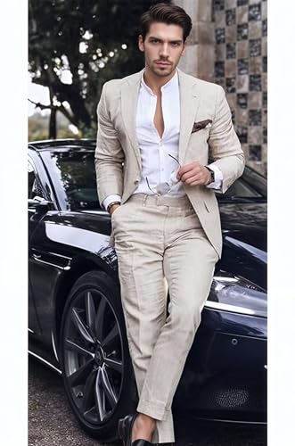 Mens Linen Suit,2 Piece Slim Fit Suit Men Linen Suits Set for Summer Beach Wedding3